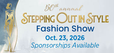 Drawn image of a women model in blue dress with Graphic text reading Stepping out in style 50th annual Fashion show Oct. 23. Sponsorships available
